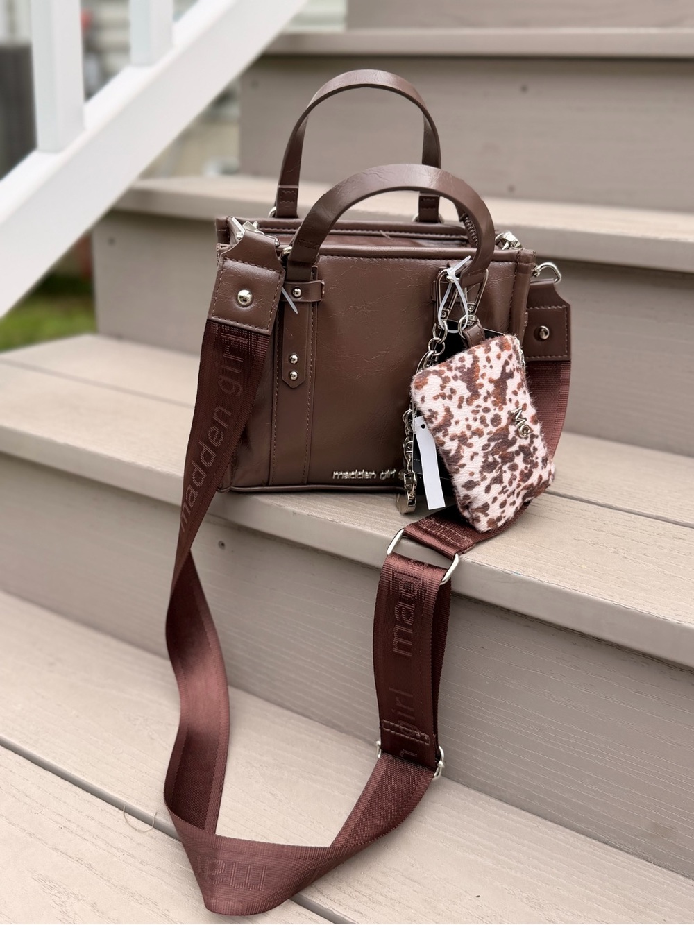 Madden Girl Brown Satchel Crossbody Bag with Branded Strap & Animal Print Pouch